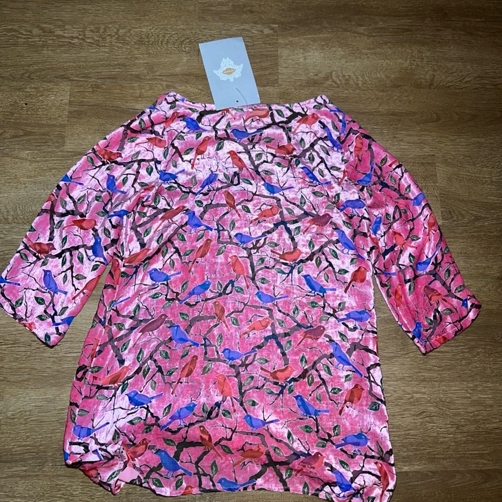 Soft Surroundings Birdie Tunic Strawberry Pink Burnout Velvet Bird Print Top S - Picture 7 of 7